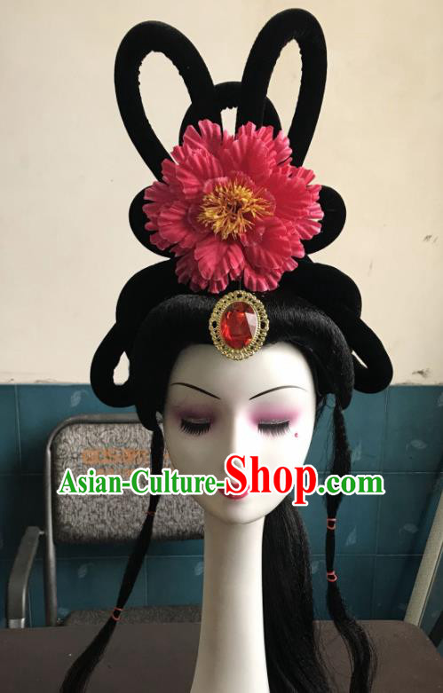 Chinese Traditional Beijing Opera Peri Rosy Peony Hairpins and Wigs Sheath Peking Opera Princess Hair Accessories for Women