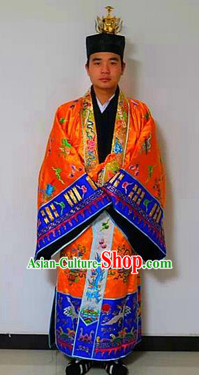 Chinese National Taoism Priest Frock Embroidered Tower Golden Cassock Traditional Taoist Priest Rites Costume for Men