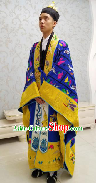 Chinese National Taoism Priest Frock Embroidered Royalblue Cassock Traditional Taoist Priest Rites Costume for Men