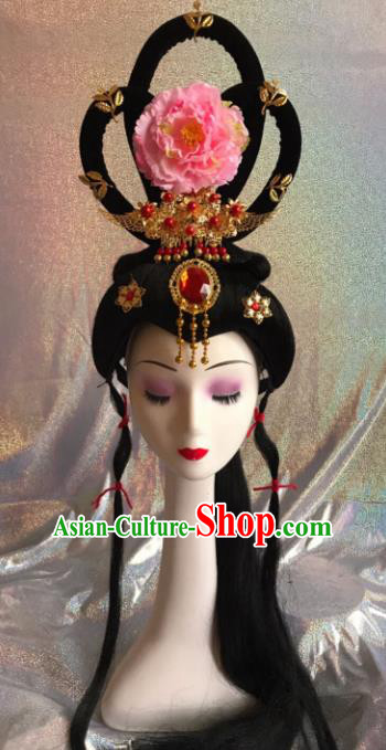 Chinese Traditional Beijing Opera Princess Wigs and Pink Peony Hairpins Peking Opera Diva Hair Accessories for Women