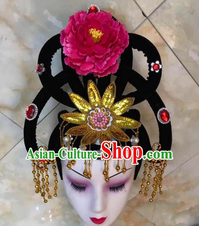 Chinese Traditional Beijing Opera Peri Wigs and Rosy Peony Hairpins Peking Opera Princess Hair Accessories for Women