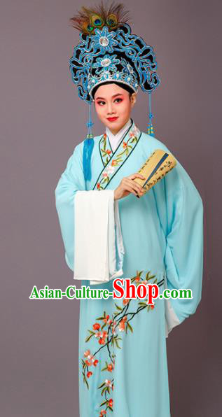 Chinese Traditional Peking Opera Niche Embroidered Cherrim Blue Robe Beijing Opera Scholar Costume for Men