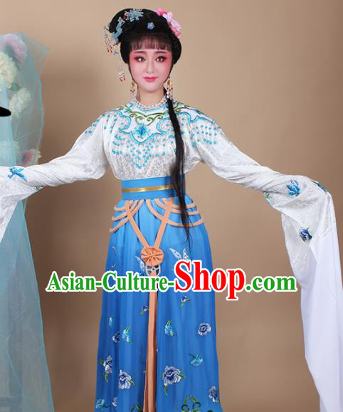Chinese Traditional Shaoxing Opera Zhu Yingtai Blue Dress Beijing Opera Hua Dan Embroidered Costume for Women
