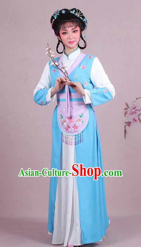 Chinese Traditional Shaoxing Opera Maidservants Embroidered Blue Dress Beijing Opera Young Lady Costume for Women