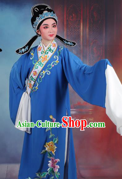 Chinese Traditional Peking Opera Niche Embroidered Peony Blue Robe Beijing Opera Scholar Costume for Men