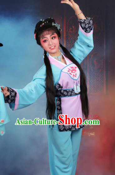 Chinese Traditional Huangmei Opera Servant Girl Embroidered Blue Dress Beijing Opera Maidservants Costume for Women
