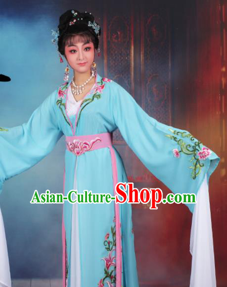 Chinese Traditional Huangmei Opera Princess Embroidered Blue Dress Beijing Opera Hua Dan Costume for Women