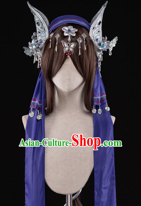 Chinese Traditional Cosplay Peri Heroine Wigs Ancient Swordswoman Wig Sheath and Hairpins Hair Accessories for Women