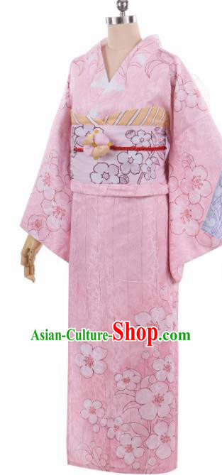 Traditional Halloween Cosplay Swordswoman Costume Japanese Kimono Pink Yukata Dress for Women