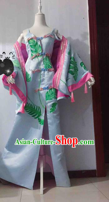 Traditional Halloween Cosplay Swordswoman Costume Ancient Princess Blue Hanfu Dress for Women