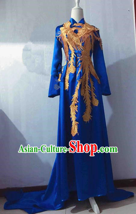 Traditional Chinese Modern Fancywork Costume National Embroidered Phoenix Blue Qipao Dress for Women