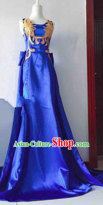 Traditional Chinese Modern Fancywork Costume Embroidered Phoenix Blue Full Dress for Women