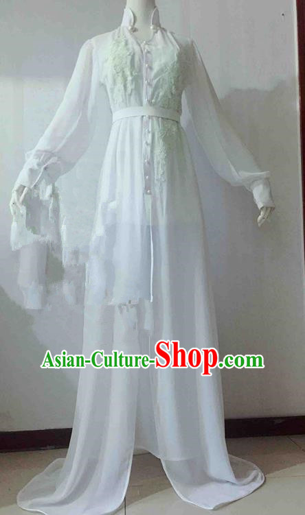 Traditional Chinese Modern Fancywork Costume Embroidered White Veil Full Dress for Women