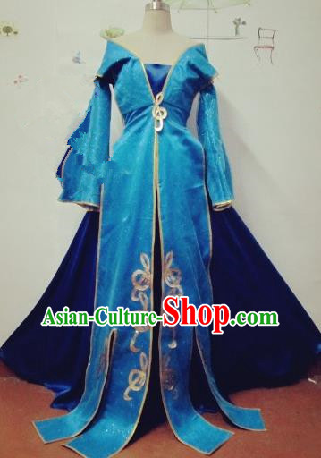 Chinese Traditional Cosplay Apsaras Costume Ancient Tang Dynasty Princess Blue Hanfu Dress for Women