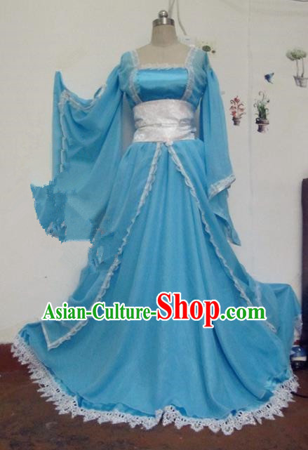 Chinese Traditional Cosplay Tang Dynasty Princess Costume Ancient Peri Blue Hanfu Dress for Women