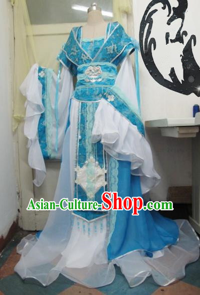 Chinese Traditional Tang Dynasty Court Queen Costume Ancient Peri Blue Hanfu Dress for Women