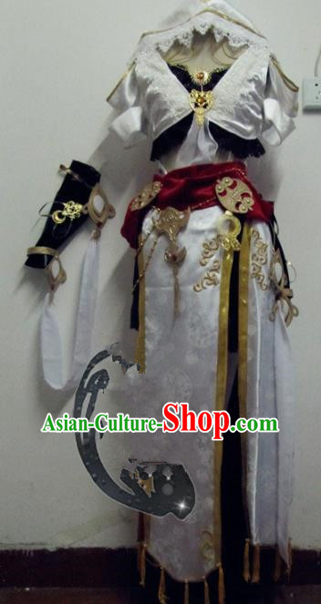 Chinese Traditional Cosplay Kung Fu Instructor Costume Ancient Peri Swordswoman White Hanfu Dress for Women