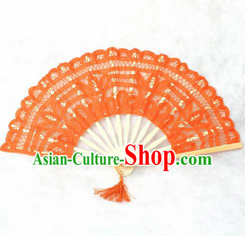 Chinese Traditional Orange Lace Fans Handmade Folding Fan