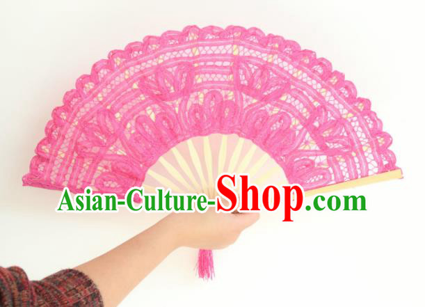 Chinese Traditional Rosy Lace Fans Handmade Folding Fan