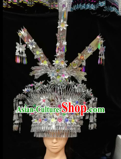 Chinese Traditional Ethnic Sliver Headwear Miao Nationality Bride Tassel Phoenix Coronet for Women