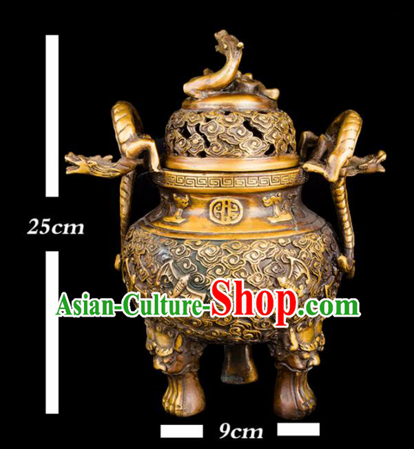 Chinese Traditional Taoism Bagua Carving Bats Dragon Brass Incense Burner Feng Shui Items Censer Decoration