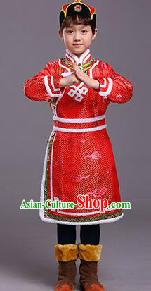 Chinese Traditional Ethnic Children Costumes Mongol Nationality Red Brocade Robe for Kids