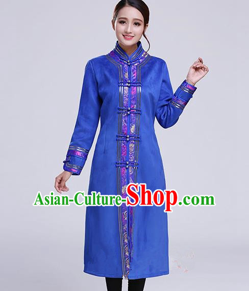 Chinese Traditional Mongolian Outwear Ethnic Costumes Mongol Nationality Royalblue Dust Coat for Women