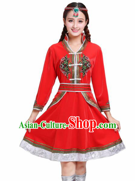 Chinese Traditional Mongolian Ethnic Red Short Dress Mongol Nationality Costumes for Women