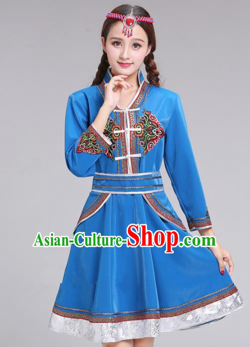 Chinese Traditional Mongolian Ethnic Blue Short Dress Mongol Nationality Costumes for Women