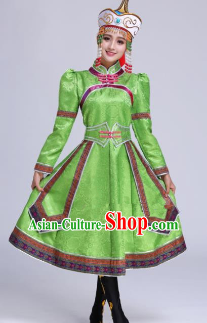 Chinese Traditional Mongolian Ethnic Folk Dance Green Dress Mongol Nationality Costumes for Women