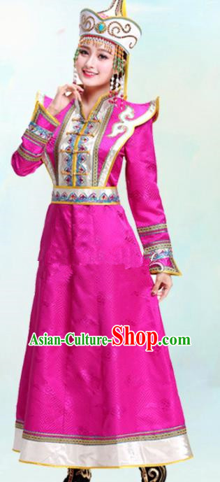 Chinese Traditional Mongolian Ethnic Bride Rosy Dress Mongol Nationality Folk Dance Costumes for Women