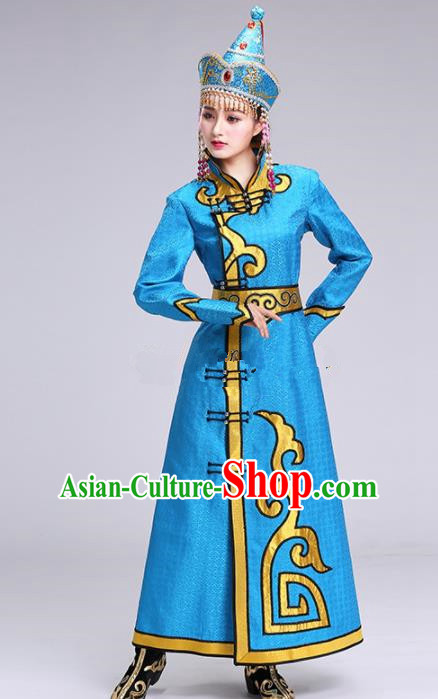 Chinese Traditional Mongolian Ethnic Princess Blue Dress Mongol Nationality Folk Dance Costumes for Women