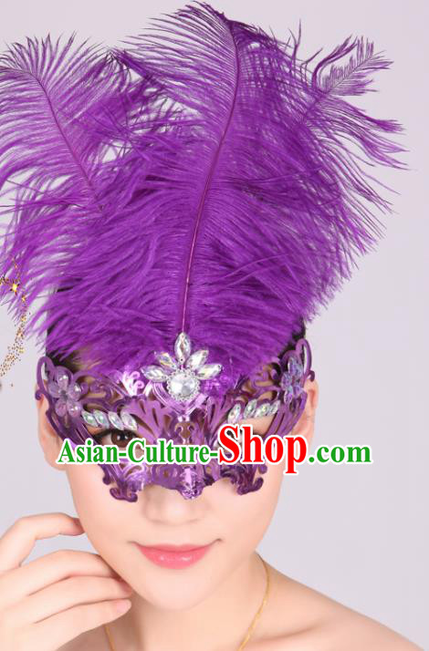 Halloween Cosplay Accessories Purple Feather Mask Latin Dance Headwear for Women