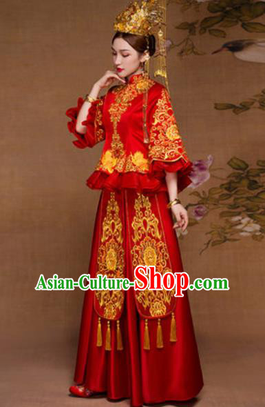 Traditional Chinese Red Wedding Dress Ancient Bride Embroidered Xiu He Costume for Women