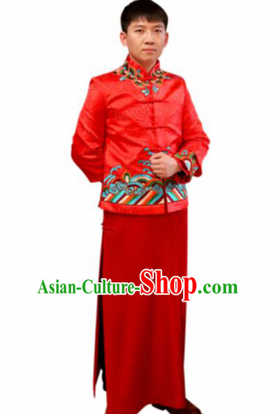 Chinese Traditional Wedding Costume Ancient Bridegroom Embroidered Red Tang Suit Robe for Men