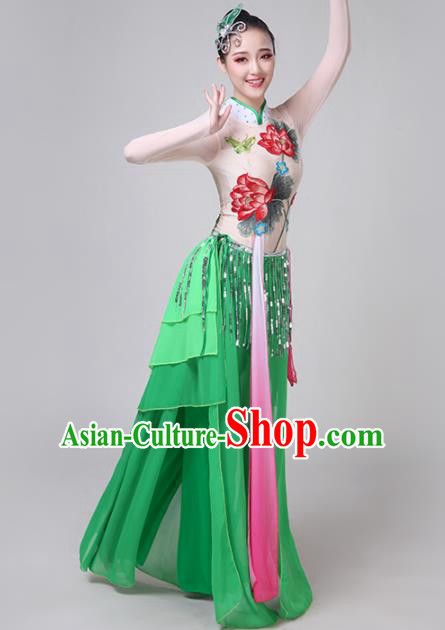Chinese Traditional Lotus Dance Costume Classical Dance Group Dance Green Dress for Women