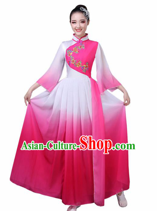 Chinese Traditional Umbrella Dance Rosy Costume Classical Dance Group Dance Dress for Women