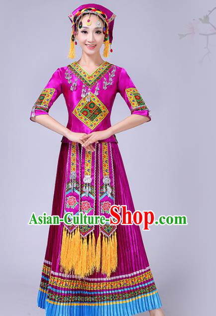 Chinese Traditional Ethnic Folk Dance Costume Yi Nationality Wedding Purple Dress for Women