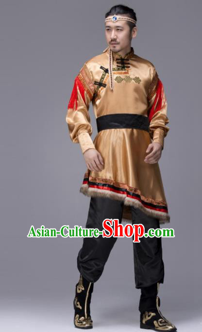 Chinese Traditional Tibetan Ethnic Folk Dance Golden Costume Zang Nationality Dance Clothing for Men