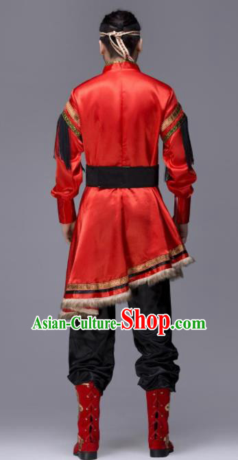 Chinese Traditional Tibetan Ethnic Folk Dance Red Costume Zang Nationality Dance Clothing for Men
