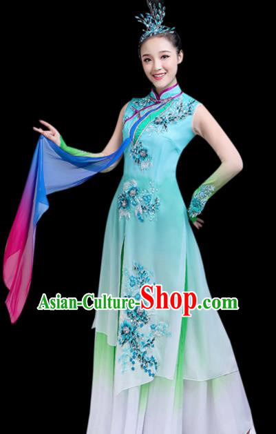 Chinese Traditional Stage Performance Umbrella Dance Green Costume Classical Dance Group Dance Dress for Women