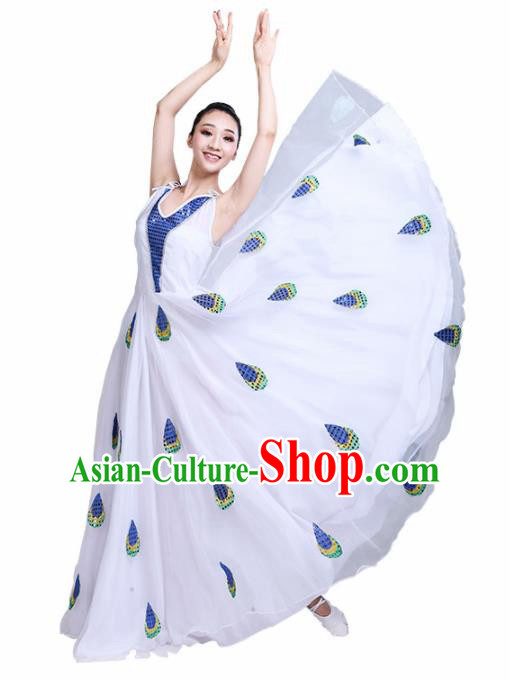 Chinese Traditional Ethnic Folk Dance Costume Dai Nationality Peacock Dance White Dress for Women