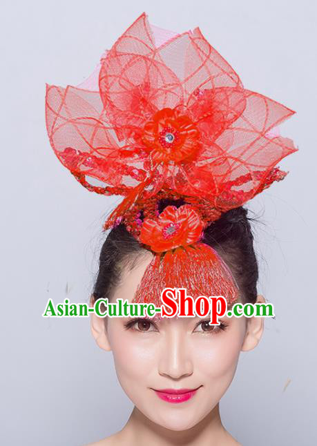 Chinese Traditional Folk Dance Hair Accessories Stage Performance Yangko Dance Red Veil Headwear for Women