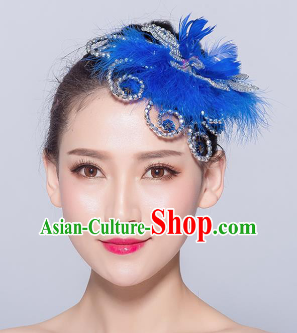 Chinese Traditional Folk Dance Deep Blue Feather Hair Accessories Stage Performance Yangko Dance Hair Stick for Women