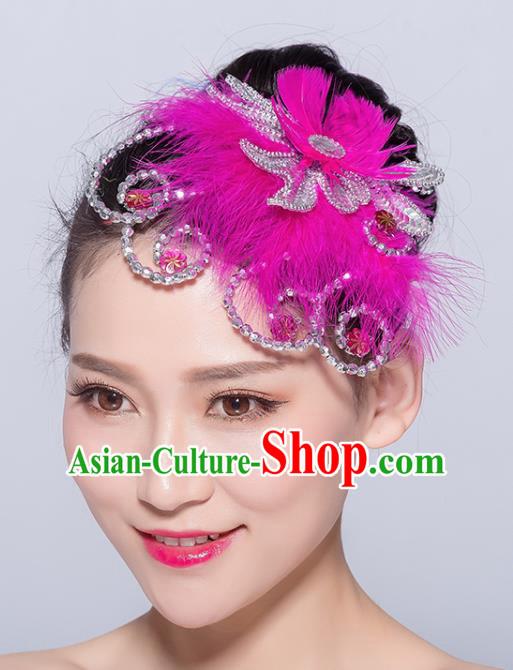 Chinese Traditional Folk Dance Rosy Feather Hair Accessories Stage Performance Yangko Dance Hair Stick for Women
