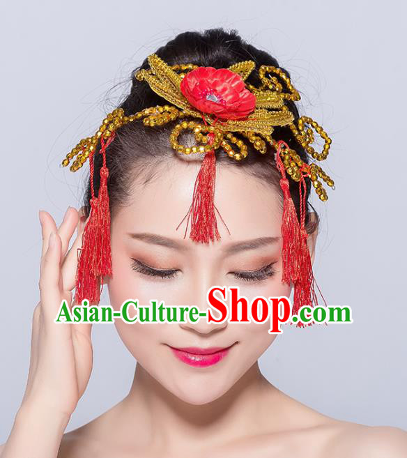 Chinese Traditional Yangko Dance Red Flower Tassel Hair Stick National Folk Dance Hair Accessories for Women