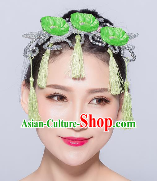 Chinese Traditional Yangko Dance Green Flowers Tassel Hair Stick National Folk Dance Hair Accessories for Women
