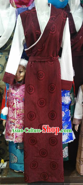 Chinese Traditional Tibetan Ethnic Purplish Red Dress Zang Nationality Heishui Dance Costume for Women