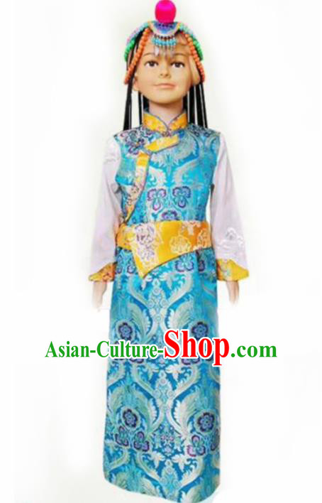 Chinese Traditional Tibetan Girls Kham Blue Dress Zang Nationality Heishui Dance Ethnic Costumes for Kids