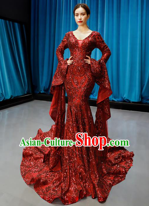 Top Grade Compere Full Dress Princess Red Paillette Trailing Wedding Dress Costume for Women